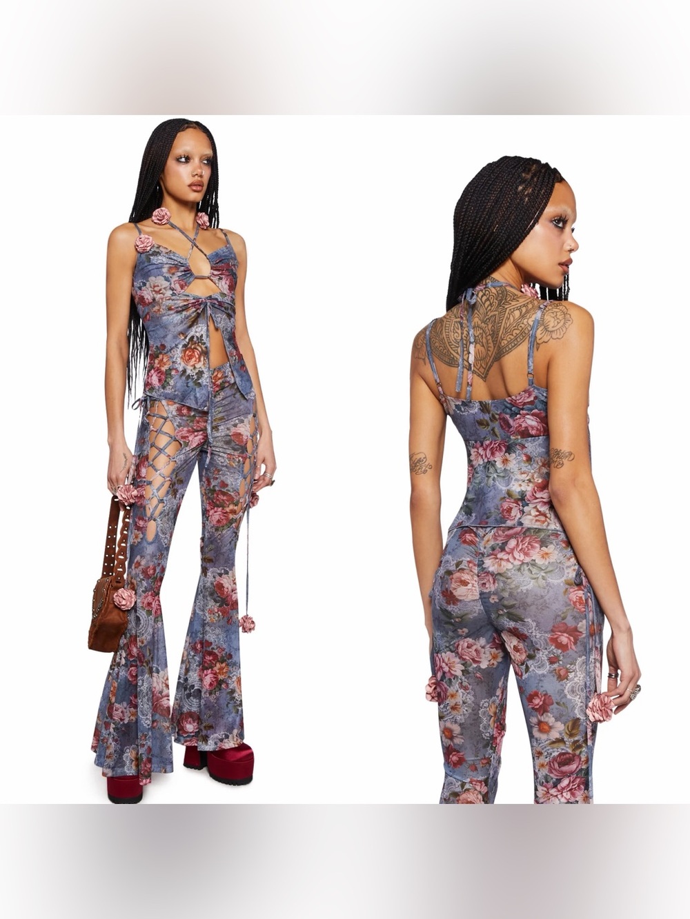 Current Mood | Mesh Floral Lace-Up Flare Pants & Halter Top | NWOT | XL